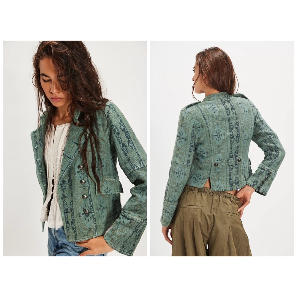 Free People Lotty Jacquard Jacket Green Military Tapestry XS